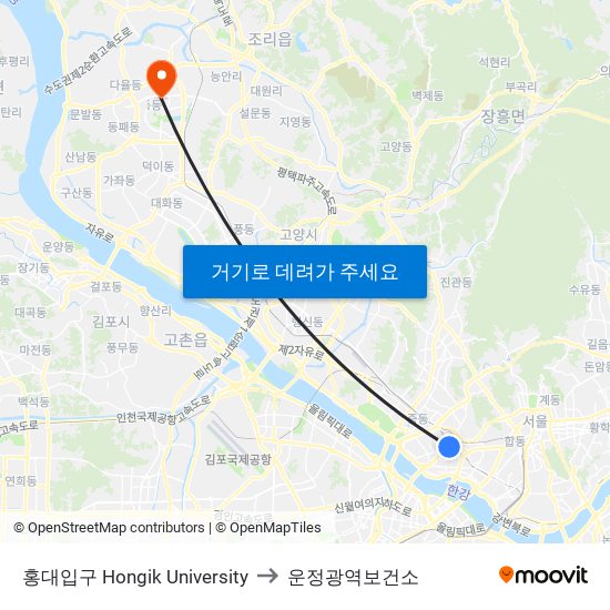 홍대입구 Hongik University to 운정광역보건소 map