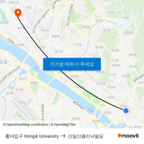 홍대입구 Hongik University to 신일산클리닉빌딩 map