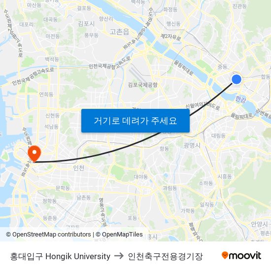 홍대입구 Hongik University to 인천축구전용경기장 map