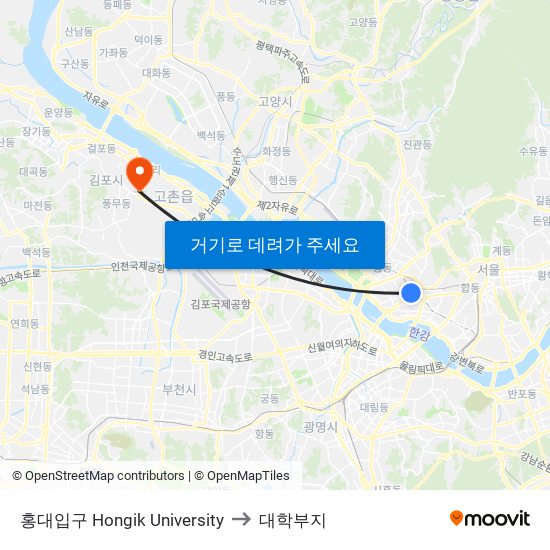 홍대입구 Hongik University to 대학부지 map