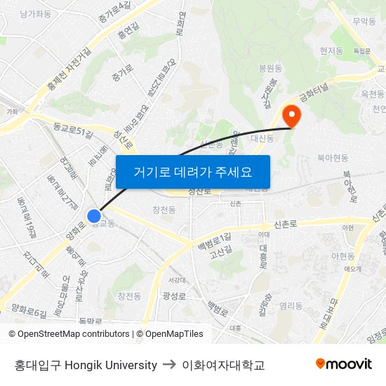 홍대입구 Hongik University to 이화여자대학교 map