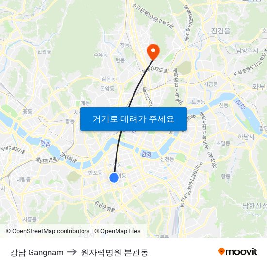 강남 Gangnam to 원자력병원 본관동 map