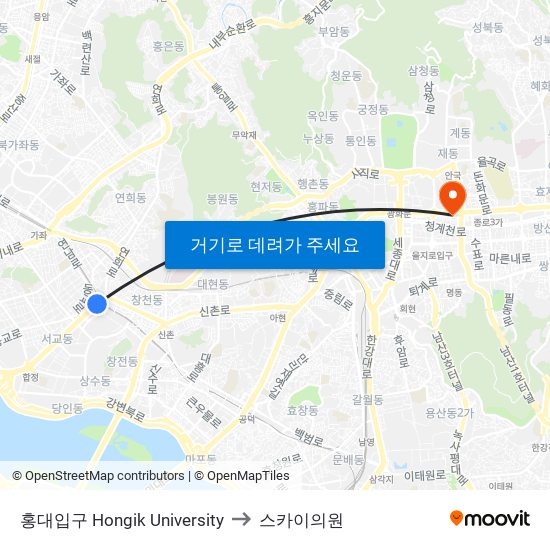 홍대입구 Hongik University to 스카이의원 map