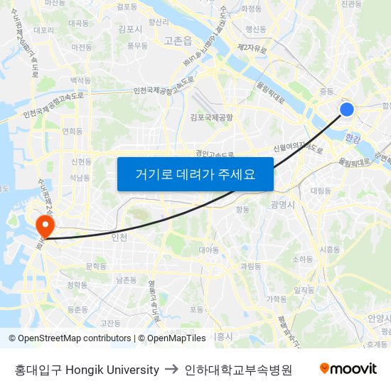 홍대입구 Hongik University to 인하대학교부속병원 map