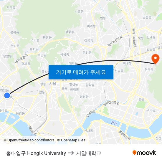 홍대입구 Hongik University to 서일대학교 map