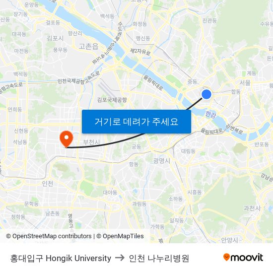 홍대입구 Hongik University to 인천 나누리병원 map