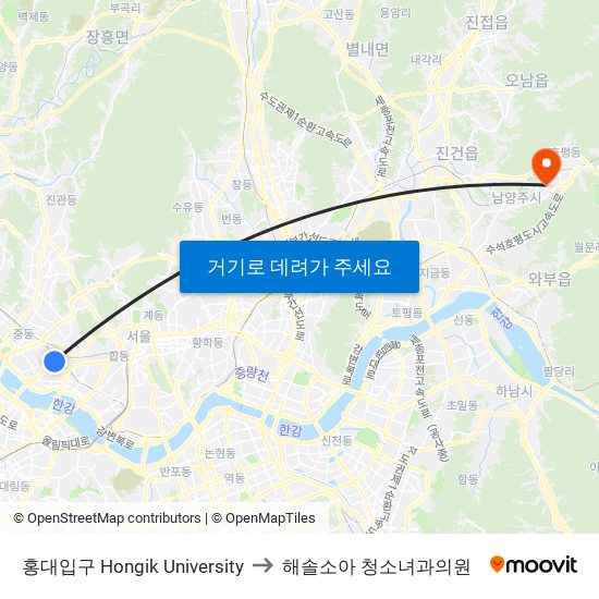 홍대입구 Hongik University to 해솔소아 청소녀과의원 map