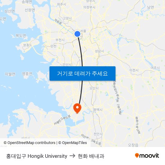 홍대입구 Hongik University to 현화 배내과 map