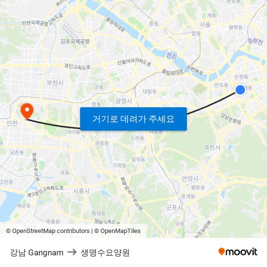 강남 Gangnam to 생명수요양원 map