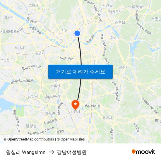 왕십리 Wangsimni to 강남여성병원 map