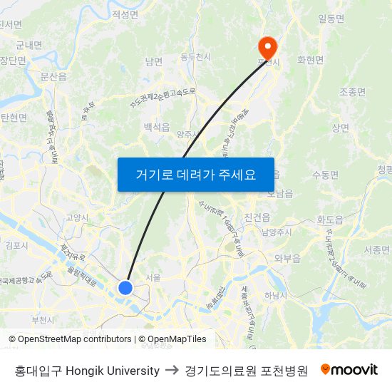 홍대입구 Hongik University to 경기도의료원 포천병원 map