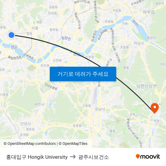 홍대입구 Hongik University to 광주시보건소 map