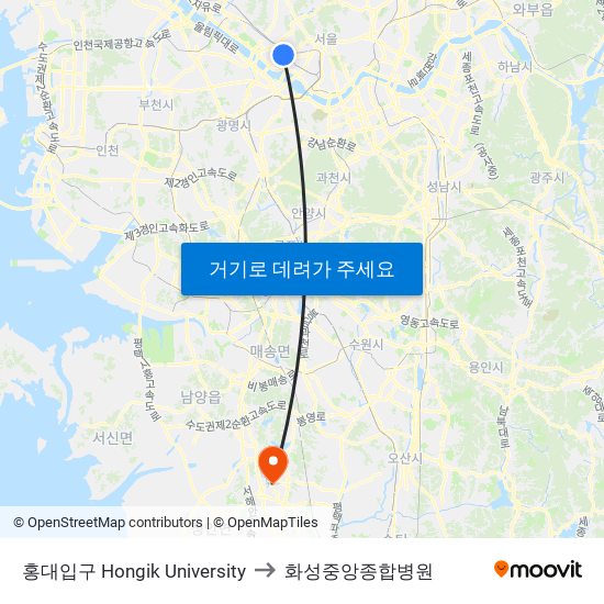홍대입구 Hongik University to 화성중앙종합병원 map