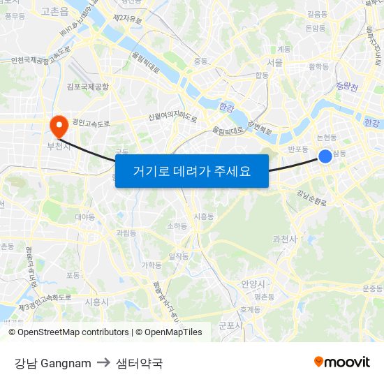 강남 Gangnam to 샘터약국 map