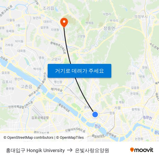 홍대입구 Hongik University to 은빛사랑요양원 map