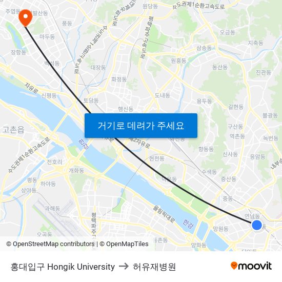 홍대입구 Hongik University to 허유재병원 map