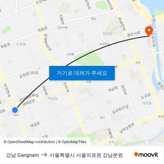 강남 Gangnam to 서울특별시 서울의료원 강남분원 map