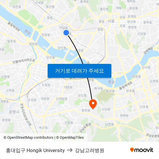 홍대입구 Hongik University to 강남고려병원 map