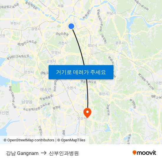 강남 Gangnam to 산부인과병원 map