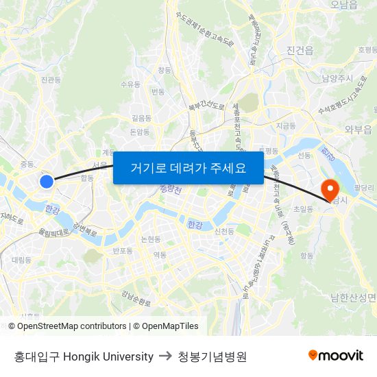 홍대입구 Hongik University to 청봉기념병원 map