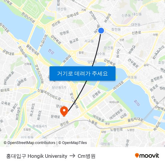 홍대입구 Hongik University to Cm병원 map