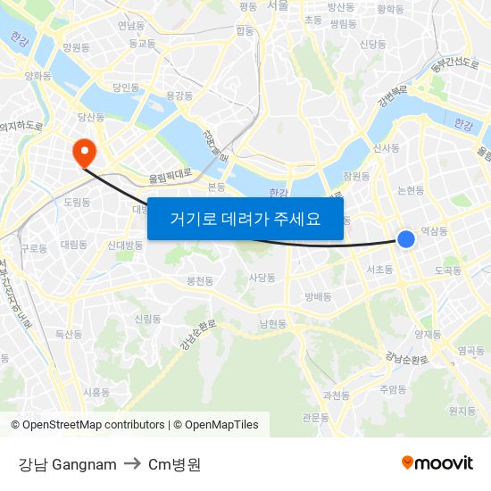 강남 Gangnam to Cm병원 map