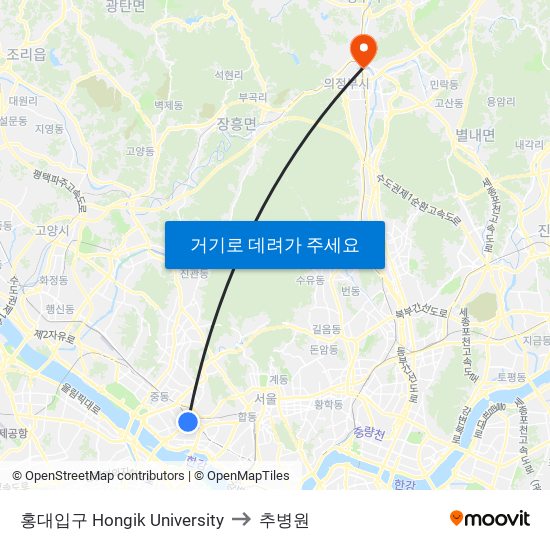 홍대입구 Hongik University to 추병원 map