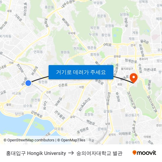 홍대입구 Hongik University to 숭의여자대학교 별관 map