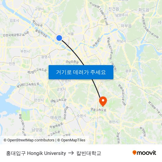 홍대입구 Hongik University to 칼빈대학교 map