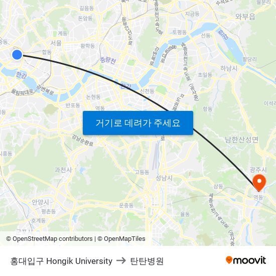 홍대입구 Hongik University to 탄탄병원 map