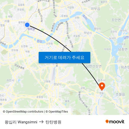 왕십리 Wangsimni to 탄탄병원 map
