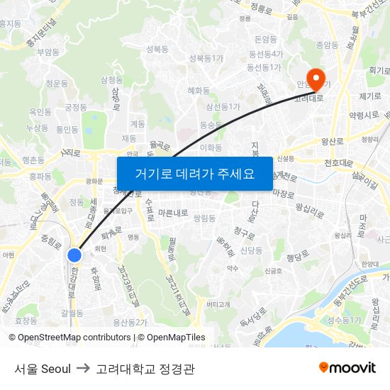 서울 Seoul to 고려대학교 정경관 map
