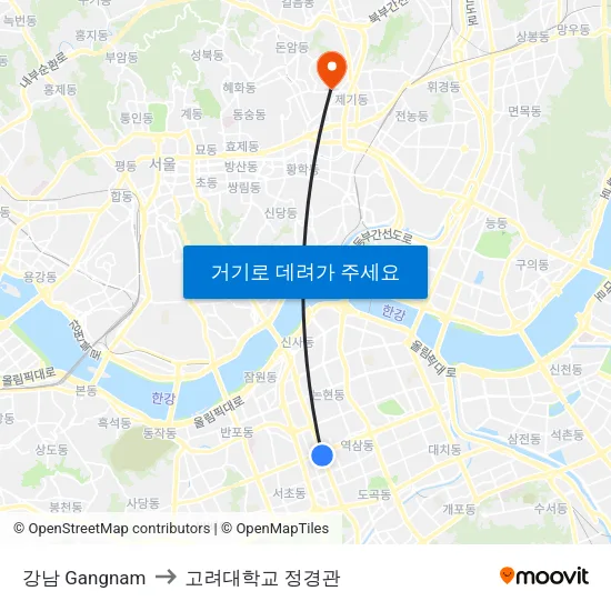 강남 Gangnam to 고려대학교 정경관 map