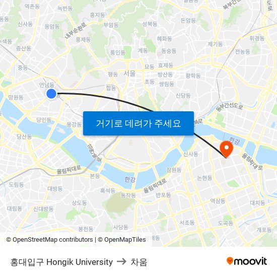 홍대입구 Hongik University to 차움 map