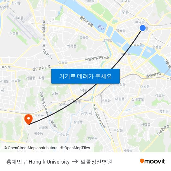 홍대입구 Hongik University to 알콜정신병원 map