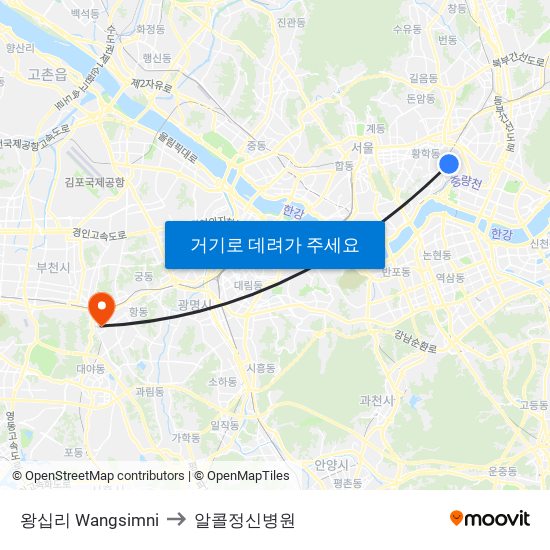 왕십리 Wangsimni to 알콜정신병원 map