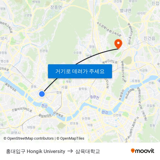 홍대입구 Hongik University to 삼육대학교 map