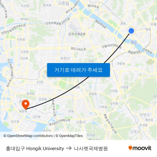 홍대입구 Hongik University to 나사렛국제병원 map