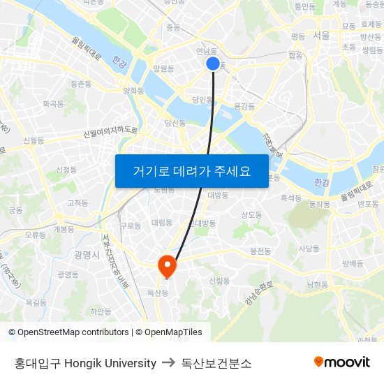 홍대입구 Hongik University to 독산보건분소 map