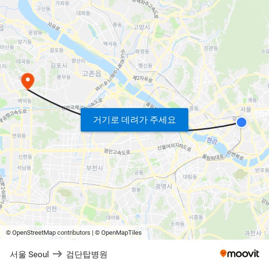 서울 Seoul to 검단탑병원 map