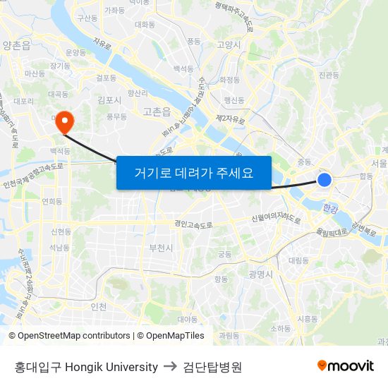 홍대입구 Hongik University to 검단탑병원 map