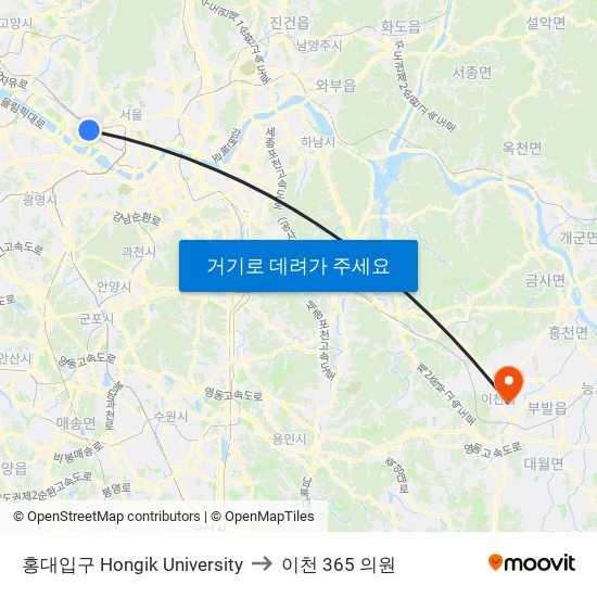 홍대입구 Hongik University to 이천 365 의원 map