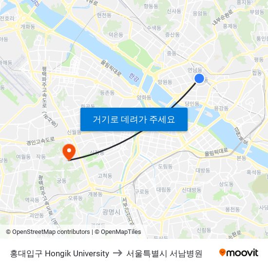 홍대입구 Hongik University to 서울특별시 서남병원 map