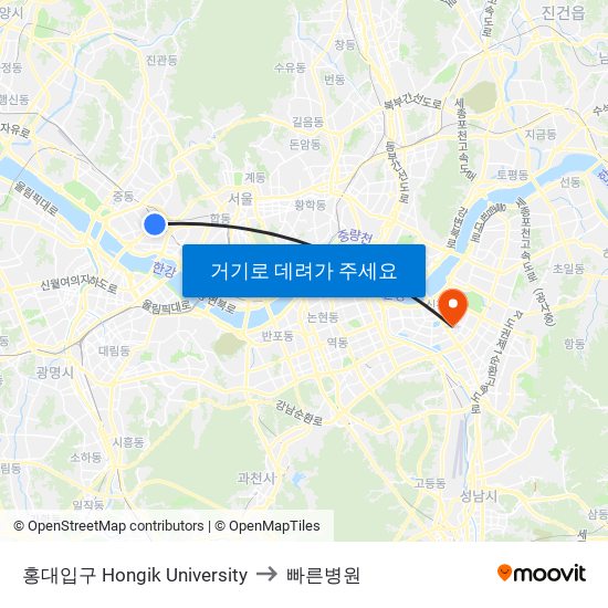 홍대입구 Hongik University to 빠른병원 map