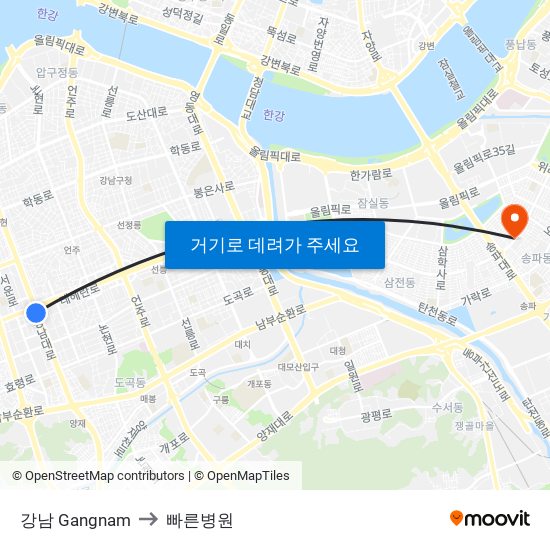 강남 Gangnam to 빠른병원 map