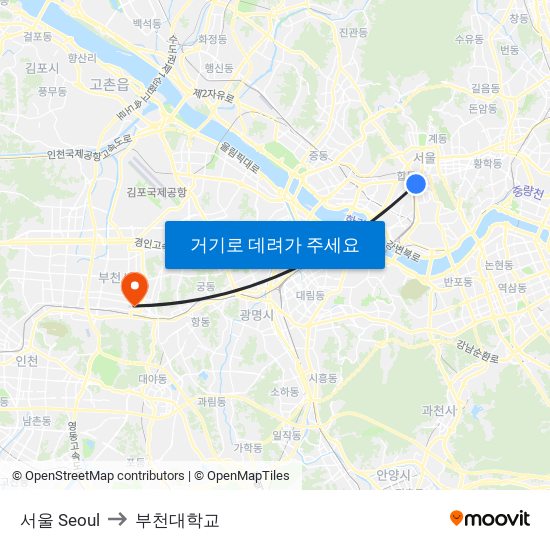 서울 Seoul to 부천대학교 map