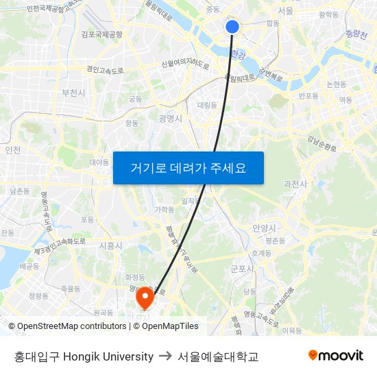 홍대입구 Hongik University to 서울예술대학교 map