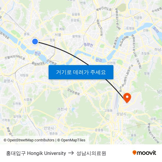 홍대입구 Hongik University to 성남시의료원 map
