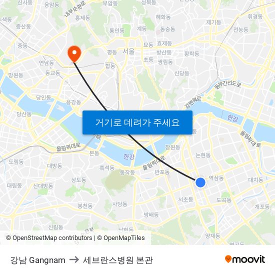 강남 Gangnam to 세브란스병원 본관 map