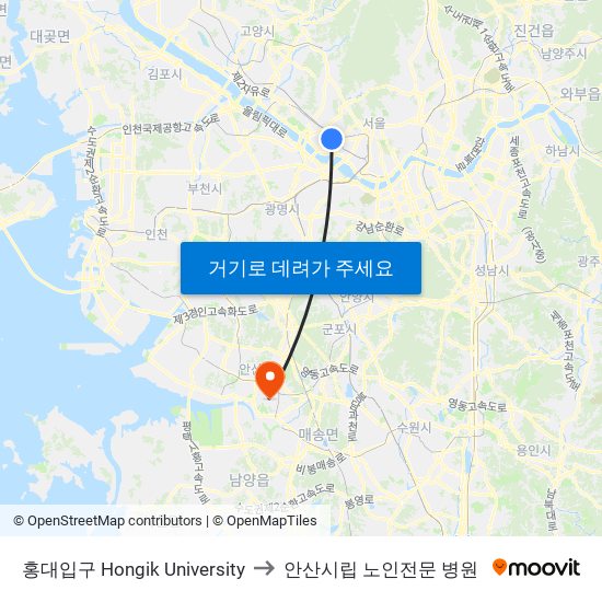 홍대입구 Hongik University to 안산시립 노인전문 병원 map